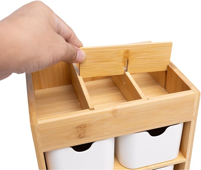 Small Bamboo Makeup Organizer（5.7" D x 8" W x 7.5" H） | Dresser Cosmetic Organizer Box Bamboo Desk Organizer for Home, Adjustable Dividers 3 Drawers