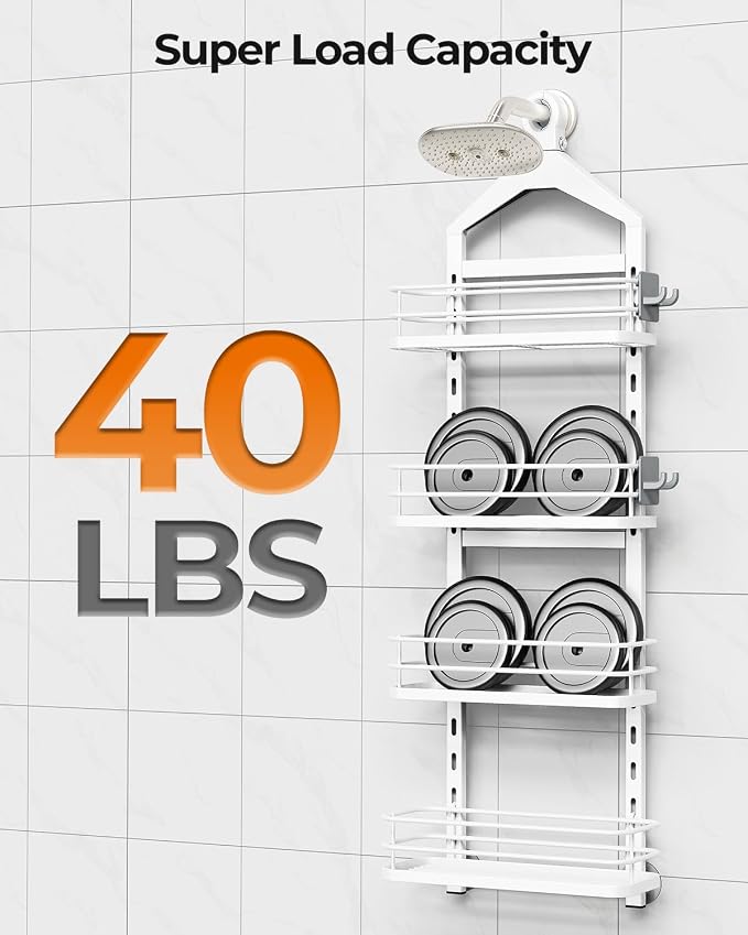 ODesign 4 Tier Adjustable Shower Rack Hanging Over Head Anti-Swing White | Shower organizer hanging,no drilling required,comes with removable hook and storage box, suitable for indoor showers
