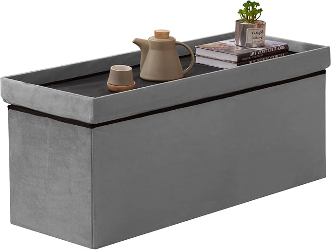 BRIAN & DANY 43 Inches Folding Storage Ottoman Bench, Velvet Ottoman with Storage for Living Room, Bedroom, Entryway, Ottoman Foot Rest, End of Bed Bench (Gray)