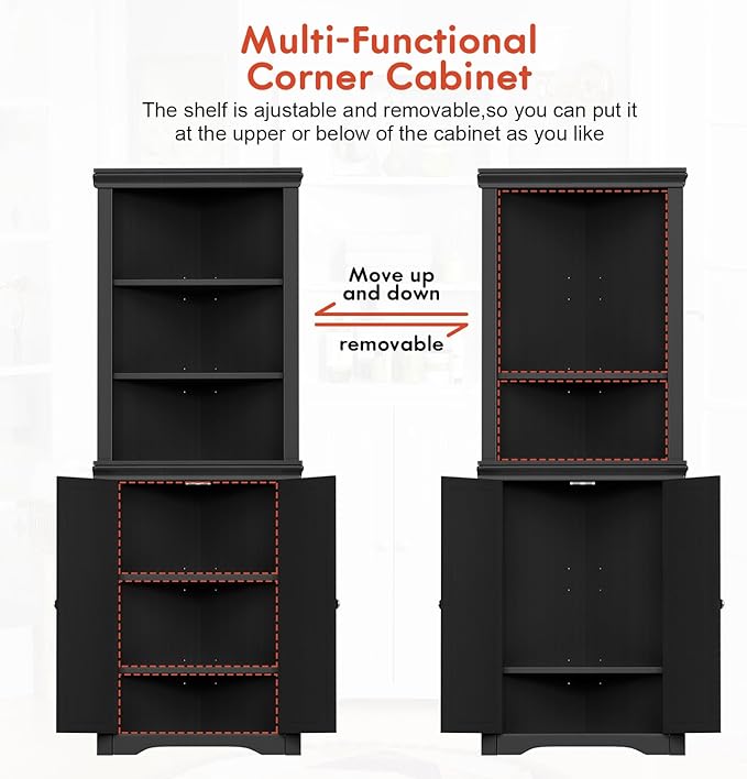 YESHOMY Corner Cabinet, Storage Cupboard with Doors, Black | Tall Storage Cabinet with Adjustable Shelves, for Living Room, Bathroom, Kitchen