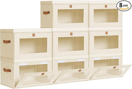 Homsorout Large Closet Storage Bins - Collapsible Clothing Organizer with Handles & Window, Decorative Bin with Lids, Linen Closet Organizers for Living Room, Dorm, 8 Pack, Beige