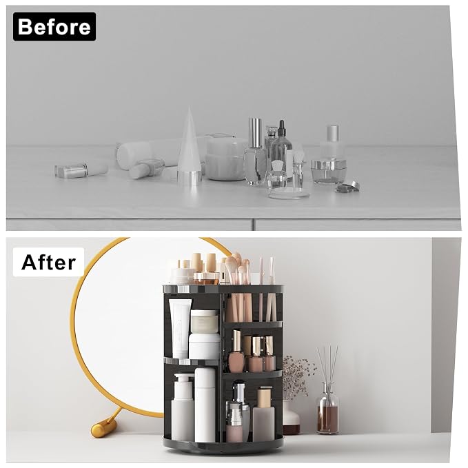Rotating Makeup Organizer, DIY 8 Adjustable Layers Spinning Skincare Storage, Cosmetic Display Case with Brush Holder and Perfume Tray, Multi-Function Vanity Bathroom Countertop Organizer Black