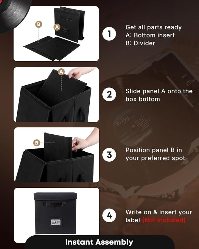 Uniclife 2 Pack Vinyl Record Storage Box with Lid & Handles | Collapsible, Splash-Resistant Album Storage Crate for 80 Single Records (12"), Black, 13" × 13" × 13"
