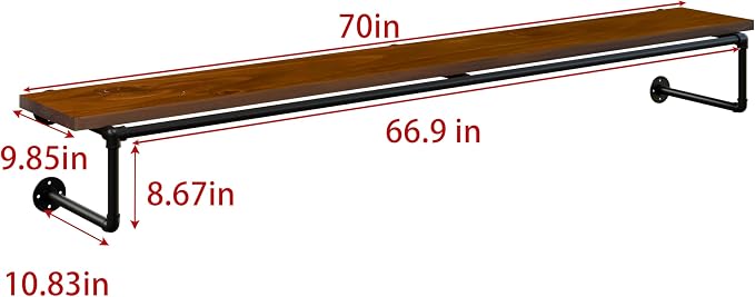 Clothes Rack 70in, Wall Mounted Garment Racks with Walnut Solid Wood Shelf, Heavy Duty Hanging Clothes Rack, Multi-Purpose Hanging Rod, Space-Saving Closet Storage