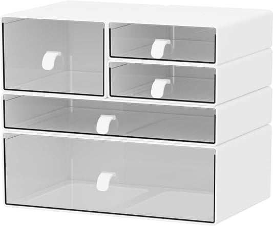 White & Clear 5-Drawer Stackable Desk Organizer Storage Set | Separate drawers, Dustproof, Easy to clean, for Office supplies, Pens, Markers, Stationery, Jewelry, Makeup, DIY Craft