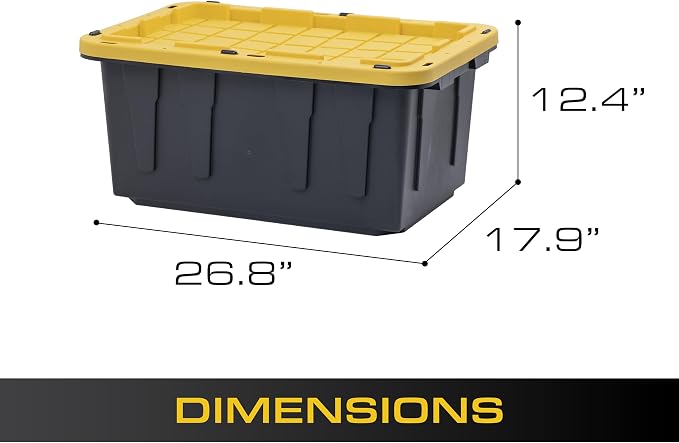 CX Heavy Duty 17-Gallon Stackable Plastic Storage Bins with Lids, 2 Pack | Storage totes for garage organization, Stackable containers, weather-resistant, snap lid, 12.5H x 18W x 26.9D, Black/Yellow