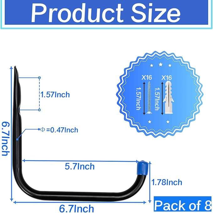 6.7In Garage Storage Utility Hooks, Heavy Duty Ladder Hooks, Wall Mount Garage Hanger & Organizer, 8 Pack (‎12G-6.7inch)