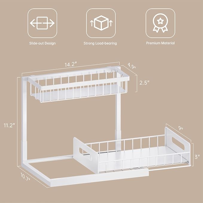 Under Sink Organizer and Storage 2 Pack, Slide Out Cabinet Organizer, Pull Out Sink Shelf for Kitchen Bathroom Laundry, White