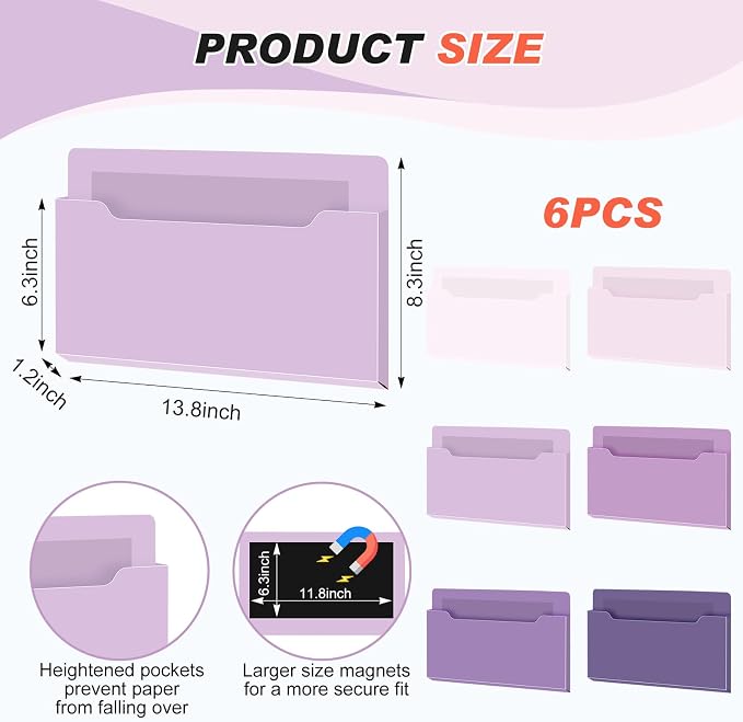 6 Pcs Magnetic Wall File Organizer Magnetic Wall File Holder Refrigerator Magazine Holder for Mail Letters Paper(Violet Color,Horizontal-large)