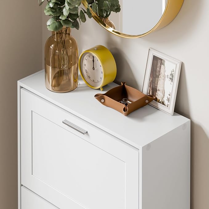 Haotian Shoe Cabinet Storage for Entryway | Narrow Shoe Cabinet with Three Flip Drawers to Save Space, Shoe Rack Cabinet for Entrance Hallway (White)