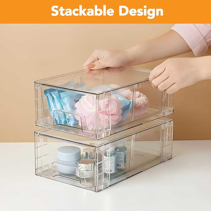 6 Pack Stackable Storage Drawers,Plastic Organizers Bins, Drawers Storage with Handles and Movable Dividers for Organization and Storage in Fridge,Bathroom, Pantry, Kitchen Cabinets, Under Sink