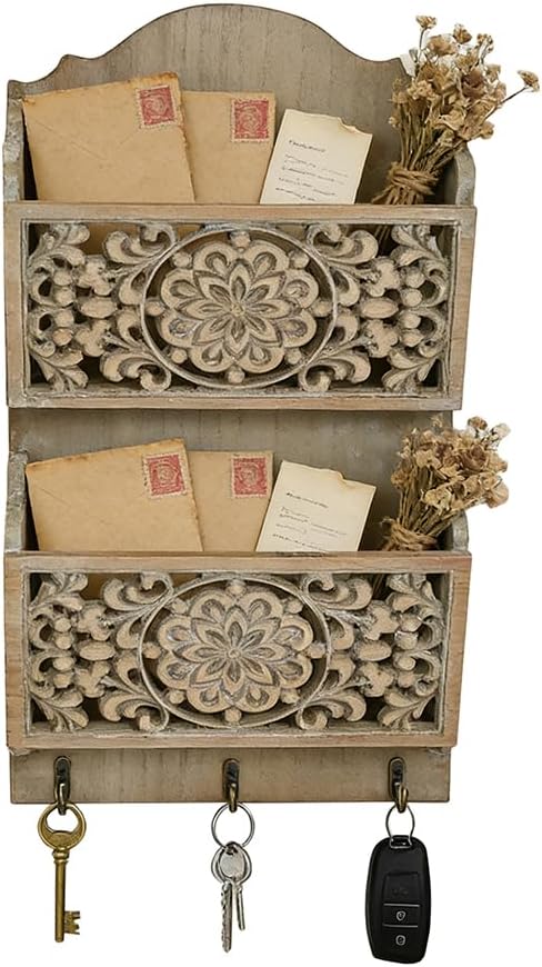 Rustic Key and Mail Holder for Wall Home Decorative,2-Slot Mail Organizer Wall Mount with 3 Hooks, Wooden Key Hangers Wall File Organizer Letter Sorter for Letter Magazines（Brown）