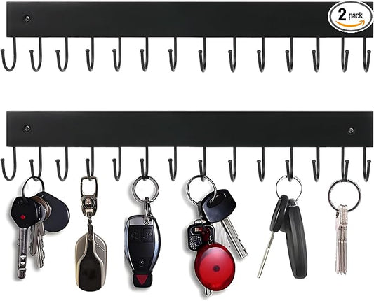 2-Pack Key Holder Wall Mount, 14.6" Key Rack with 28 Rotating Metal Hooks | Natural wood wall key hanger, 28 rotating metal hooks, for entryway, hallway & apartment decor, space-saving, Black