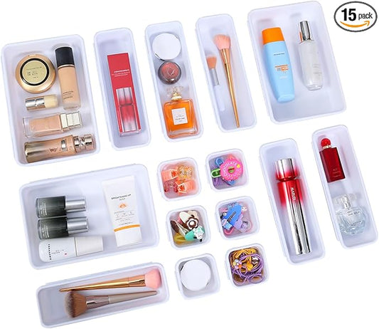 Kutesna 15PCS Interlocking Drawer Organizer, Plastic Desk Organizer Set | 3-Size Versatile Storage Bins,BPA-free, Non-slip, Fits Any Drawer for Cosmetics, Bathroom, Tools, Kitchen and Office, White