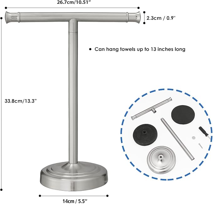 RUMOSE Brushed Nickel Hand Towel Holder Stand Countertop Towel Rack | 13 Inch Bathroom Kitchen Vanity T-Shape Towel Stand Free Standing Stainless Steel Towel Bar Towel Ring