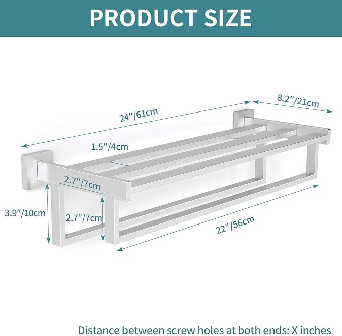 STWWO Double Towel Racks for Bathroom Wall Mounted, 24 Inch, Brushed Nickel | Double Towel Bar with Shelf, Dual Towel Rack with Shelf, Stainless Steel Hand Towel Hanger, Bath Towel Holder for Wall