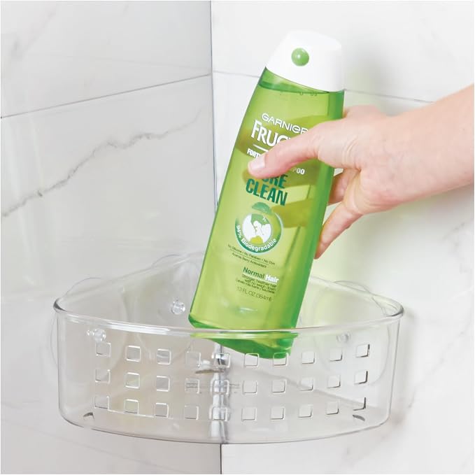 iDesign Plastic Suction Cup Corner Shower Basket, Clear | Bathroom Storage, Made in USA