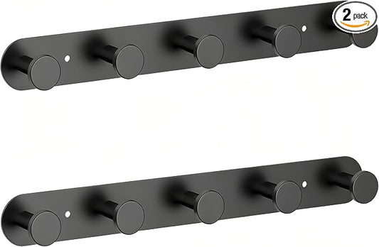 Coat Hooks - Coat Rack Wall Mount - Matte Black (2 Pack) | Stainless Steel Coat Rack Whit 5 Hooks, 14 Inches Hat Rack, Key Holder for Wall, Towel Hook, Towel Racks for Bathroom