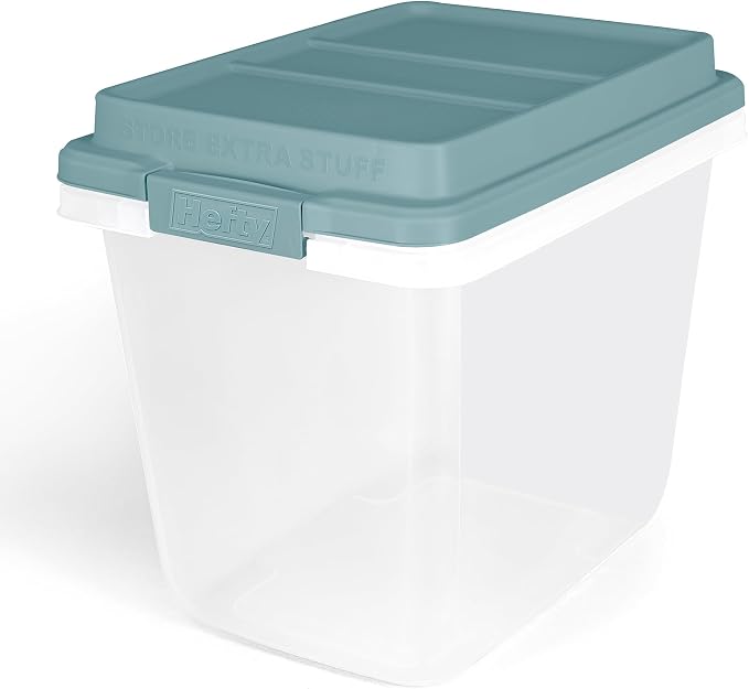 Hefty 6 Pack Lift Off Storage Bin with Lid, 32 Quart, Smoke Blue | Stackable Clear Plastic Container Totes for Home, Office, and Classroom Organization