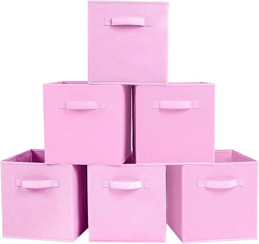 PowerKing Collapsible Storage Cubes, Farbic Storage Bins, Pink, 6 Pack | Sturdy, Lightweight, Easy Pull Handle, Closet & Shelf Organizer, Clothes and Toys Storage, 10.5'' x 11'' x 10.5''
