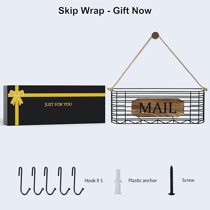 SRIWATANA Mail Organizer Wall Mount, 5 Key Hooks, Large, Carbonized Black | Mail Holder Key Holder for Wall, Hanging Mail Sorter, Letter Basket for Receipts Bills Envelopes, Home & Office Organizer