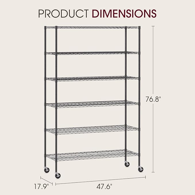 BestOffice | 6-Tier Wire Shelf with Wheels | 48" x 18" x 77" | Black | Storage Shelves with Adjustable Racks, Holds upto 600 lbs | Rust-Resistant, No-Tool Assembly | For Home, Garage