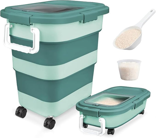 Rice Storage Container, Collapsible Airtight 10-40 Lb Rice Storage Container, 25lb Pet Dog Food Storage Container, Rice Dispenser Bin with Cup and Scoop for Flour Cereal Pasta Grain, Cat Bird
