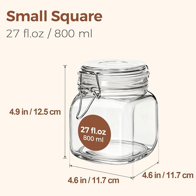 ComSaf Square Glass Pantry Jars with Airtight Lids 27 oz 6 Pack Spice Jar | Coffee sugar cookies, Snacks spices, Loose tea storage, Pantry organization, Kitchen cabinet storage, Countertop spice setup