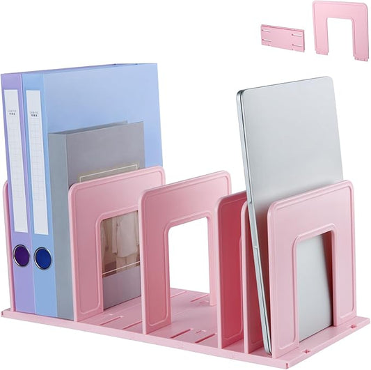 Adjustable Vertical File Sorter Sturdy Plastic Expandable Upright File Holder, Desktop Binder Organizer, School Office File Organizer Bookshelf Divider, Assemble Easily Endlessly, Pink