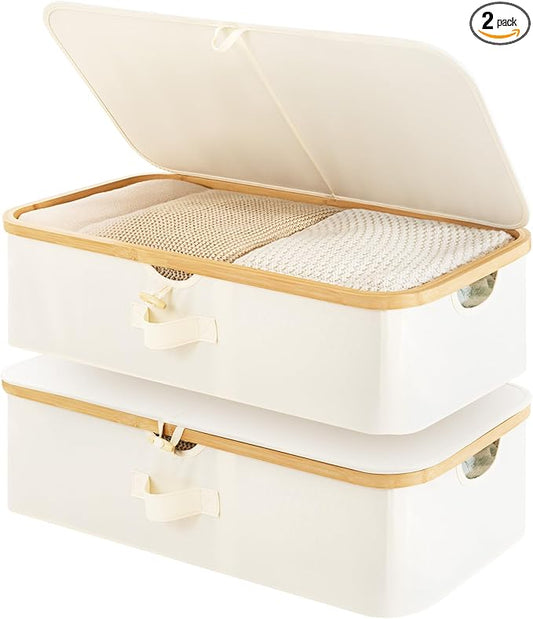 StorageWorks Underbed Storage Containers with Lids, 2-Pack 7" Low Profile Under Bed Storage Box with Bamboo Frame for Clothes, Bedding, Blankets and Shoes, 42L Sturdy Fabric Organizer, Beige