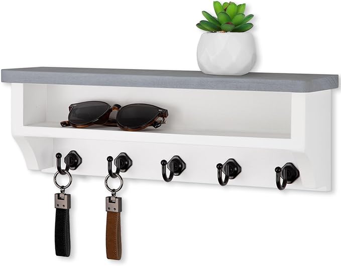 Nekon Key Holder Wall Mount, Wall Organizer Shelf with 5 Key Hooks, Room Decor for Home and Apartment Essentials, Gray and White