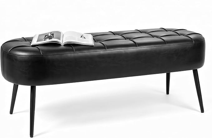 Entryway Bench, Modern PU Leather Upholstered End of Bed Bench Black | Shoe Bench with Tufted Seat, 660 lb Capacity, Sturdy Metal Legs, Mid-Century Style, For Hallway, Living Room, Bedroom, Foyer