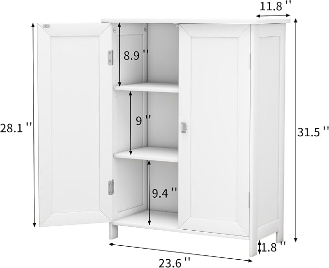 Bathroom Cabinet with Adjustable Shelf Freestanding Storage Cabinet with 2 Doors Wooden Organizer Floor for Bathroom Kitchen and Living Room (White, 2 Doors)