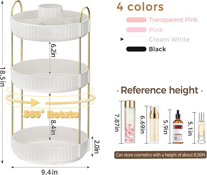 360° Rotating Makeup Organizer, Upgraded 3 Tier Skincare Perfume Organizers for Women, Bathroom Organizer Countertop, Clear Cosmetic Dresser Organizer with Makeup Brush Holder, Sink&Counter(White)