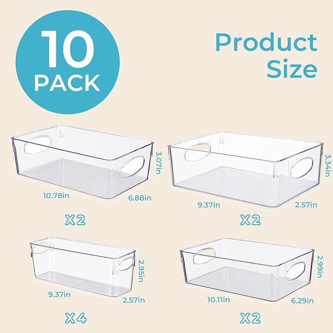 UFORU 10 Pack Clear Plastic Pantry Organizers and Storage with Handles | Non-slip Bottom Stability, Space-Saving Stackable Design, Clear Visibility, Thickened Plastic, Multi-Scene Storage Solutions