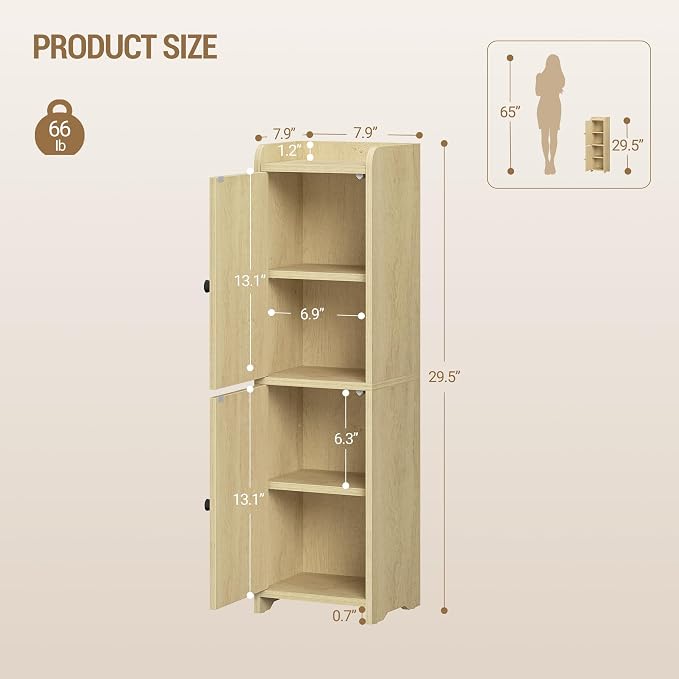 Hzuaneri Bathroom Storage Cabinet, Small Corner Floor Cabinet with 2 Doors | Narrow Toilet Paper Cabinets with Adjustable Shelf, Bathroom Organizer for Small Spaces, 7.9"D x 7.9"W x 29.5"H Rattan Yellow