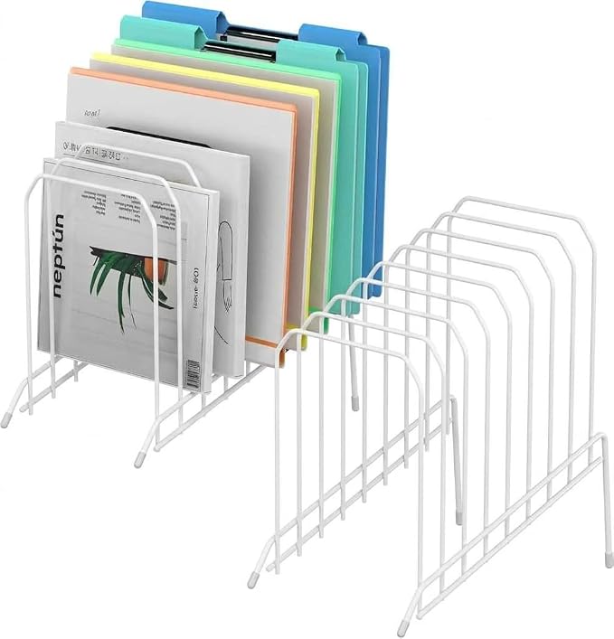 Incline Sorter Desk File Organizer, Metal Desk Magazine Folder Holder with 8-Section Vertical Compartments Rack File Organizer for Office, Home, School (2, White)