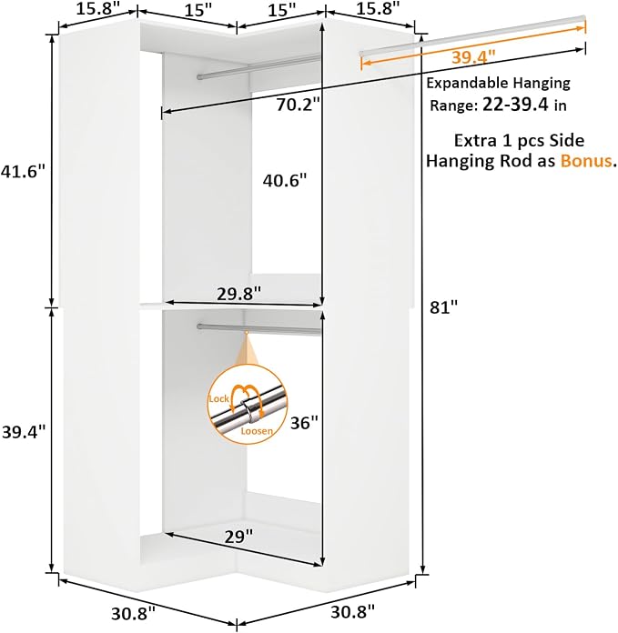 Corner Closet System with Expandable Side Hanging Rod, Modular Closet Organizer System for Walk In Closets, Walkin Closet System Tower Kit
