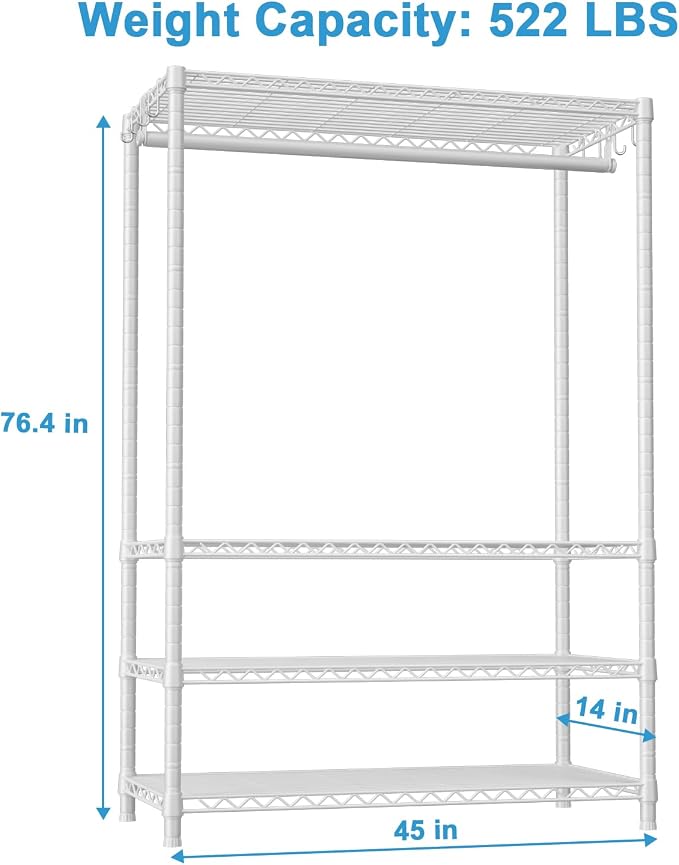 Ulif H4 Plus Garment Rack, 4-Tier Portable Clothes and Clothing Rack for Bedroom and Cloakroom, Closet Storage and Organizer Wardrobe System, 45" W x 14" D x 76.4" H, Load 522lbs, White | Heavy-Duty Metal Clothing Storage and Organizer Wardrobe System ...