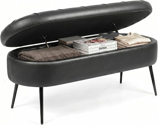 Storage Ottoman Bench, 43.7" PU Leather End of Bed Bench Black | Bench with Large Hidden Storage, Tufted Upholstered Seat, Metal Legs, Mid-Century Modern, For Bedroom, Entryway, Living Room