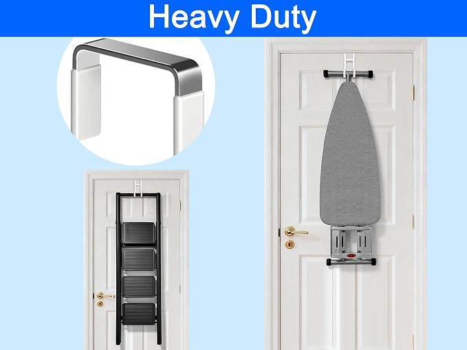 Double Over Door Steel Hooks 2 Pack Fit 1-3/8" Door 5.5" White | Plastic Coated Rubber Feel Towel Rack Robe Coat Shoe Wreath Hanger No Damage No Scratch for Bathroom Heavy Duty Thin Top