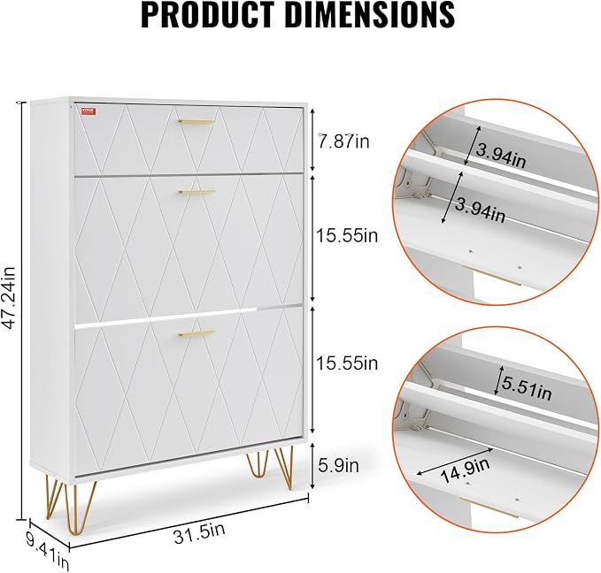 VEVOR Shoe Cabinet with 2 Flip Drawers, Modern Shoes Storage Cabinet with Storage Drawer and Anti-Tipping Device, Freestanding Shoe Organizer Ideas for Entryway, Hallway, Bedroom, Living Room, White