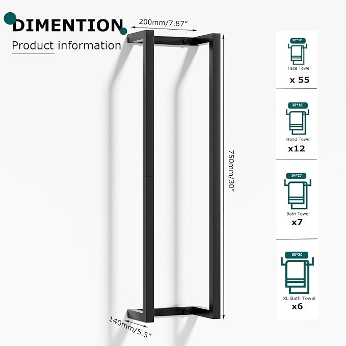 2 Pack Wall Mounted Towel Racks for Rolled Towels,304 Stainless Steel Towel Storage Rack for Bathroom, 30 Inch Bath Towel Holder Matte Black