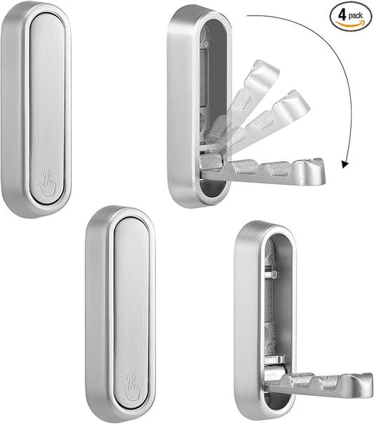 Foldable Wall Hook, Silver, 4 Pack, Screw Mounted, Heavy Duty Coat Hooks | 90° Foldable Design, Wall Mounted, Zinc Alloy, Flip-Down Design, Includes Screws And Anchors, For Bedroom, Entryway, Closet