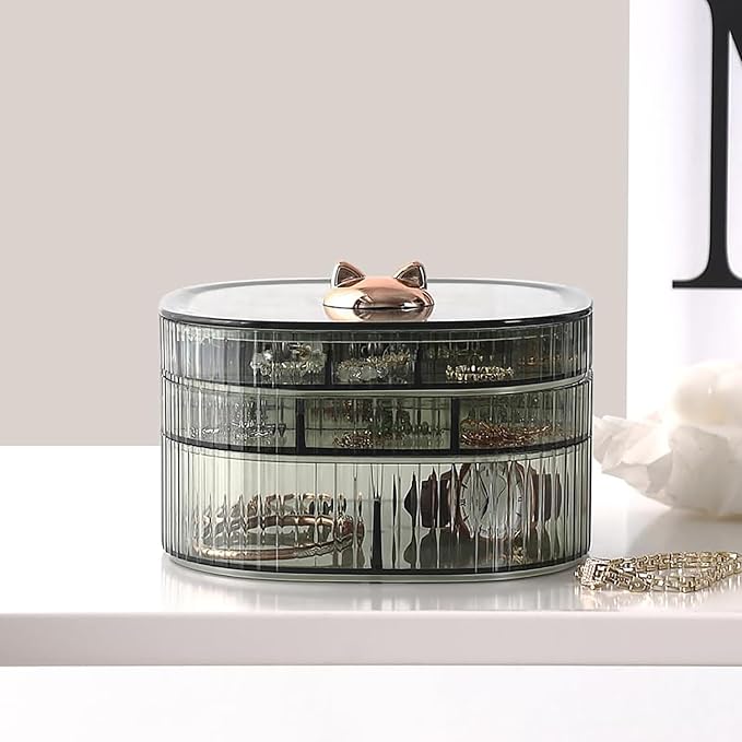 HALAFE Jewelry Box, 3-Layer Acrylic Jewelry Organizer with Cat Shape Handle, Clear Jewelry Boxes for Women Girls, Make up Organizer, Jewelry Storage Holder (Green, Cat)