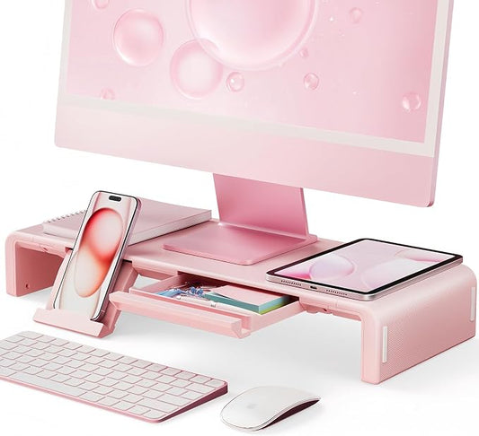 Pink Monitor Stand Riser, Klearlook Foldable, Height Adjustable Computer Stand, Desk Shelf Riser with Storage Drawer &Tablet Phone Stand for Desktop, Laptop