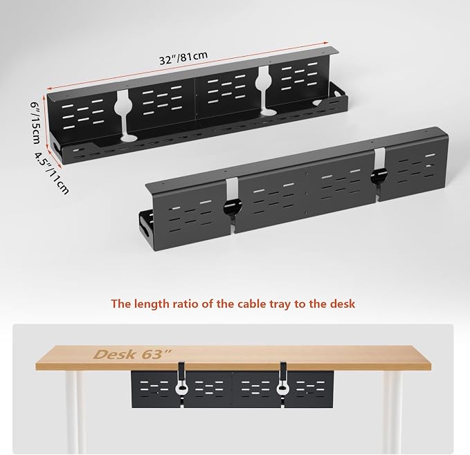 Univivi Under Desk Cable Management Tray, Cable Management, 32 inch, Black | Durable Steel Material, Under Desk Cable Tray with No-Drill C-Clamp and Screw Mount, Wire Management for Office/Home