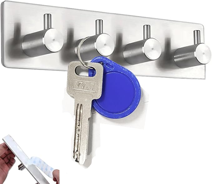 Kingdong Key Holder for Wall 304 Stainless Key Hooks Adhesive Key Holder Wall Mount Key Hanger with 4 Heavy Duty Hooks Key Organizer for Kitchen, Bedroom, Bathroom (Sliver(4 Hooks))