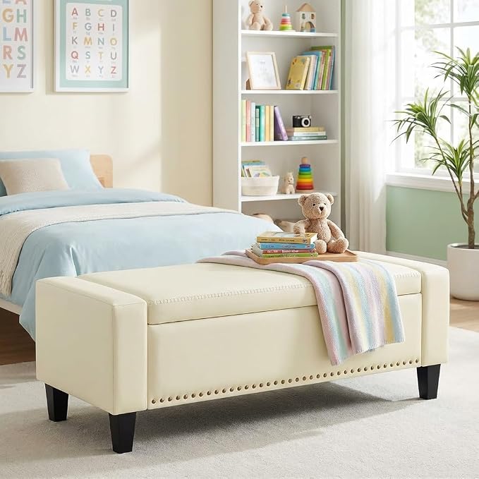 AKMAKM 49''W Storage Ottoman Bench, 30 Gallons End of Bed Bench, Faux Leather, Mid Century Modern, Upholstered Bench with Storage and Seat for Entryway, Living Room, Holds up to 350 lb, White