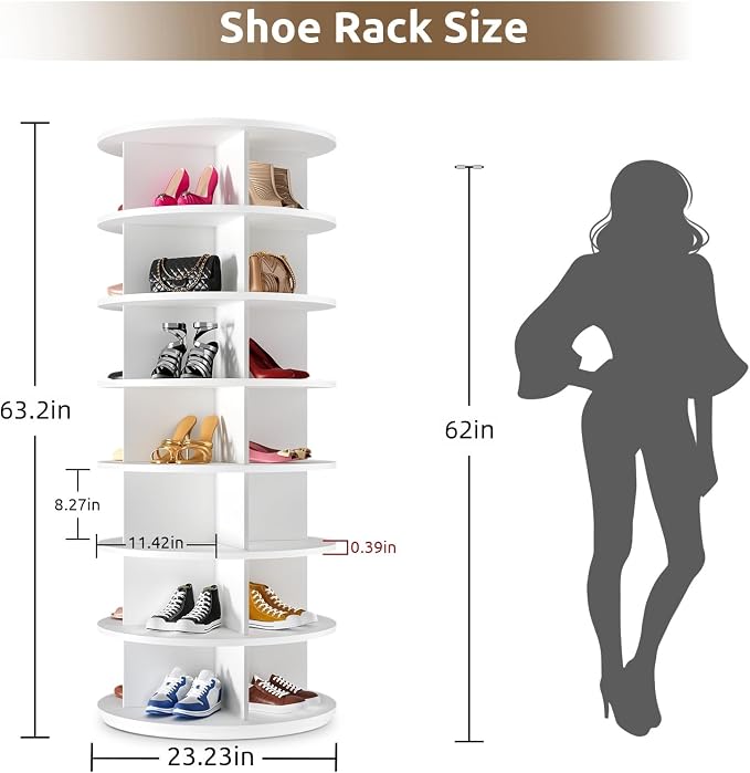 Rotating Shoe Rack 7 Tier Spinning Shoes Organizer Tower for 28-32 Pairs Lazy Susan 360 Revolving Shoe Storage Cabinet Rotate Shoe Handbag Rack Round Carousel for Closet, Bedroom (White)